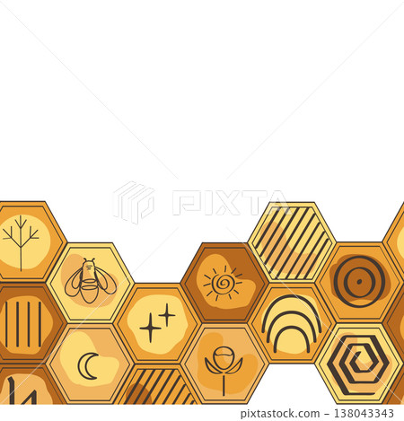 Honeycomb seamless pattern. Bee honey combs border decorated doodle ancient and tribal symbols background. Organic and wild honey concept. Vector hand drawn illustration 138043343