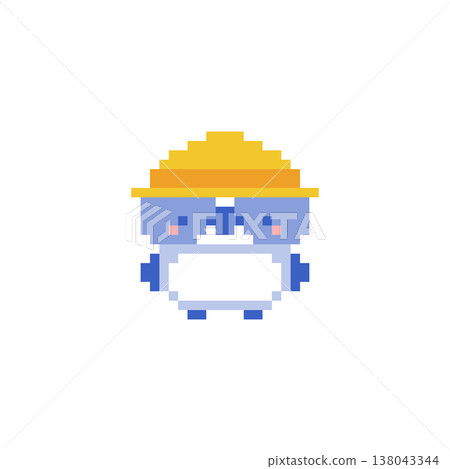 A pixel art image of a long-tailed tit chick wearing a yellow hat and blue hair. 138043344