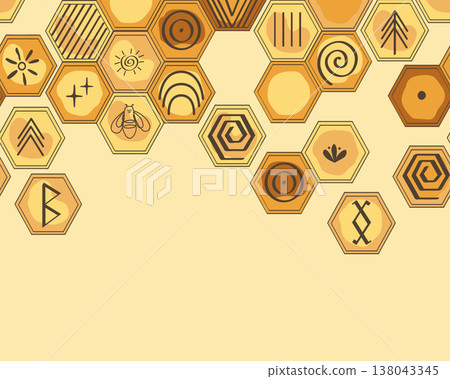 Honeycomb seamless pattern. Bee honey combs border decorated doodle ancient and tribal symbols background. Organic and wild honey concept. Vector hand drawn illustration. 138043345
