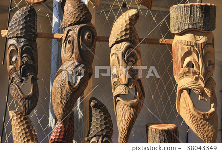 Chisinau, Moldova - October 15,2022: City Day. Wooden handmade masks. Chisinau, 138043349
