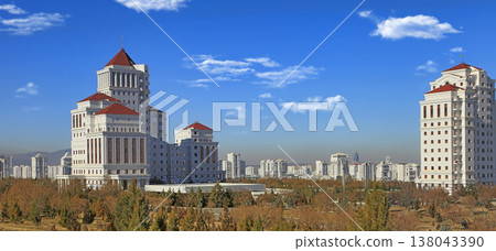 ASHGABAT, TURKMENISTAN. View of the new neighborhood on a background of mountains. ASHGABAT, TURKMENISTAN. View of the new neighborhood on a background of mountains. 138043390