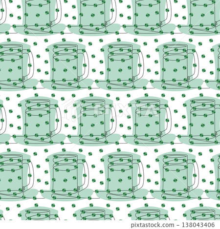 Continuous line drawn mug with quatrefoil Clover leaves on leprechaun hat Backdrop Seamless Pattern. Vector illustration St Patricks Day Greeting Thematic Card background Media post, banner, wrapping Continuous line drawn mug with quatrefoil Clover leaves on leprechaun hat Backdrop Seamless Pattern. Vector illustration St Patricks Day Greeting Thematic Card background Media post, banner, wrapping 138043406