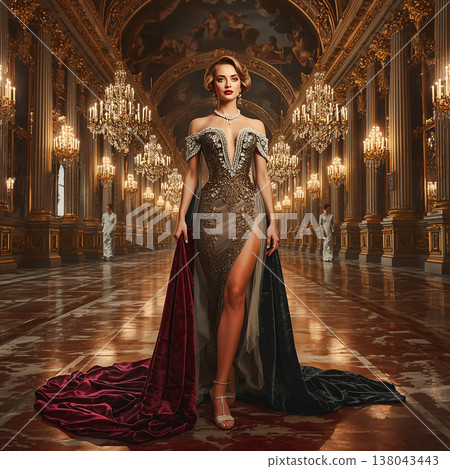 Beautiful, elegant woman with a regal bearing stands in a luxurious hall of the royal palace. She wears a dress with rich gold embroidery, a fitted royal bodice, and a long, flowing train. 138043443