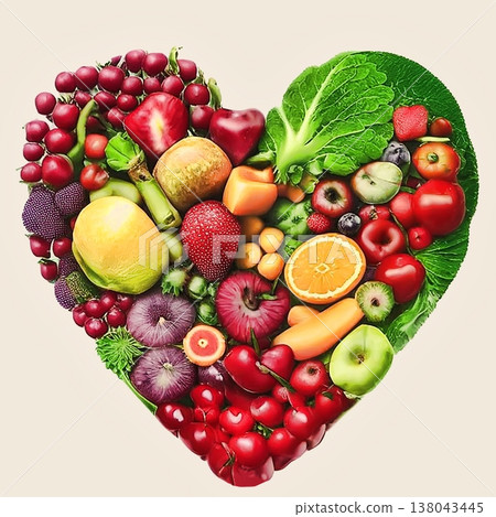 Heart-shaped arrangement of various fresh fruits and vegetables symbolizes healthy eating and heart health benefits. 138043445