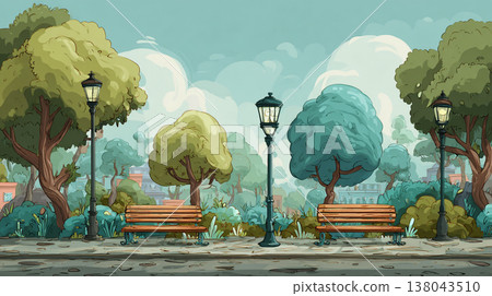 A vibrant park scene with turquoise benches, glowing lamps, lush trees, and flowers, set against faint urban buildings in the background. 138043510