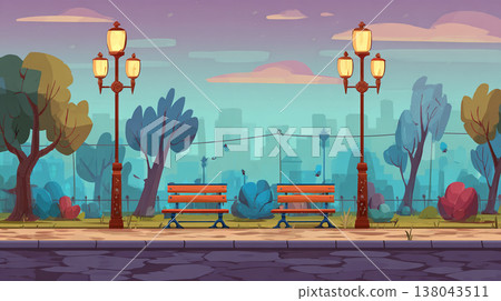 A vibrant park scene with turquoise benches, glowing lamps, lush trees, and flowers, set against faint urban buildings in the background. A vibrant park scene with turquoise benches, glowing lamps, lush trees, and flowers, set against faint urban buildings in the background. 138043511