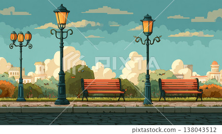 A vibrant park scene with turquoise benches, glowing lamps, lush trees, and flowers, set against faint urban buildings in the background. A vibrant park scene with turquoise benches, glowing lamps, lush trees, and flowers, set against faint urban buildings in the background. 138043512