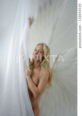 Beauty woman with angel wings poses gracefully in the studio Beauty woman with angel wings poses gracefully in the studio 138043539
