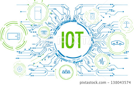 Internet of Things concept. Vector illustration showing interconnected smart devices like cars, appliances, and phones on a blue and green circuit board. Technology, automation, and network concept. Internet of Things concept. Vector illustration showing interconnected smart devices like cars, appliances, and phones on a blue and green circuit board. Technology, automation, and network concept. 138043574