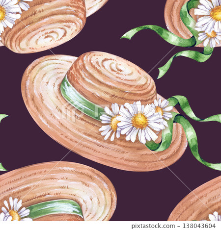 Seamless pattern with straw hats with green ribbons and daisies. Watercolor illustration on a dark background. Beautiful background with a woman's headdress and white wildflowers for packaging, 138043604