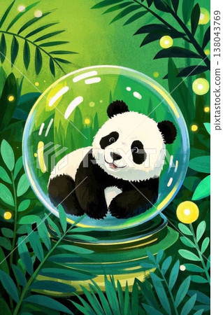 Giant panda and green plants inside the glass ball Giant panda and green plants inside the glass ball 138043769