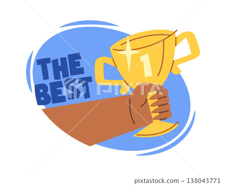 Trophy cup with number one held in hand Trophy cup with number one held in hand 138043771