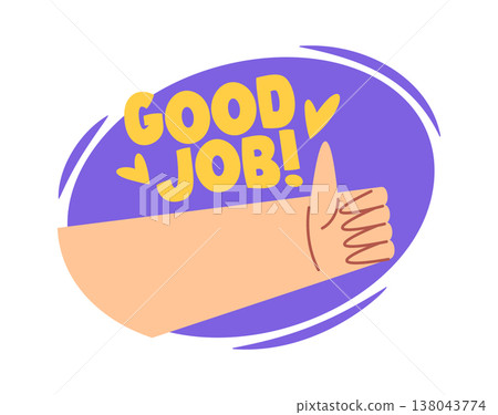 Thumbs up hand with Good Job lettering Thumbs up hand with Good Job lettering 138043774