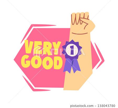 Raised arm with clenched fist shows award ribbon Raised arm with clenched fist shows award ribbon 138043780