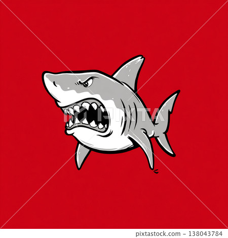 A humorous and exaggerated cartoon drawing of an angry shark with a wide-open mouth and sharp teeth, set against a bold red background in a flat, pop-art style with clean outlines. 138043784