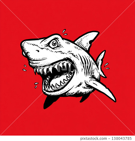 A humorous and exaggerated cartoon drawing of an angry shark with a wide-open mouth and sharp teeth, set against a bold red background in a flat, pop-art style with clean outlines. 138043785