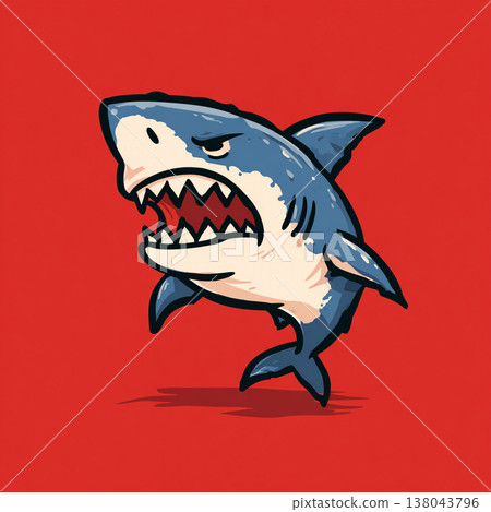 A humorous and exaggerated cartoon drawing of an angry shark with a wide-open mouth and sharp teeth, set against a bold red background in a flat, pop-art style with clean outlines. 138043796