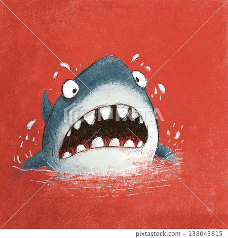 A humorous and exaggerated cartoon drawing of an angry shark with a wide-open mouth and sharp teeth, set against a bold red background in a flat, pop-art style with clean outlines. 138043815