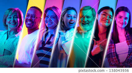Smiling diverse people in neon colorful lighting diagonal composition banner. Smiling diverse people in neon colorful lighting diagonal composition banner. 138043936