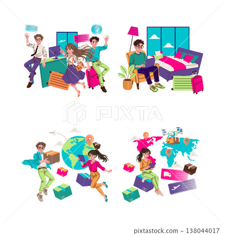 Lively vector illustration of young travelers exploring new destinations with excitement. They engage with maps, luggage, and technology, capturing the spirit of modern travel and adventure. Lively vector illustration of young travelers exploring new destinations with excitement. They engage with maps, luggage, and technology, capturing the spirit of modern travel and adventure. 138044017