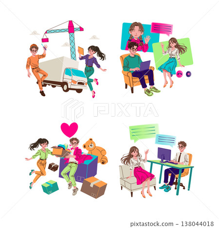 Vector illustration set depicting dynamic workplace scenarios and moving day. Characters engaged in working from home, online communication, and moving house with boxes and furniture. Vector illustration set depicting dynamic workplace scenarios and moving day. Characters engaged in working from home, online communication, and moving house with boxes and furniture. 138044018