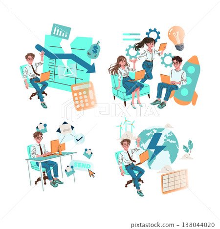 Vector illustration featuring a business team using technology. Depicts teamwork, data analysis, communication, financial management, innovation, and sustainable energy concepts. Vector illustration featuring a business team using technology. Depicts teamwork, data analysis, communication, financial management, innovation, and sustainable energy concepts. 138044020