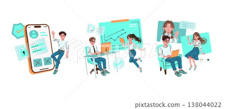 Vector illustration depicting digital collaboration and online security. A group of animated characters engage in multi-device interaction, emphasizing teamwork, technology, and secure login processes Vector illustration depicting digital collaboration and online security. A group of animated characters engage in multi-device interaction, emphasizing teamwork, technology, and secure login processes 138044022