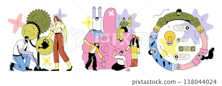 Vector illustration showcasing teamwork, collaboration, and growth. People planting a tree, interacting with a large thumbs-up symbol, and engaging in creative idea exchange. Vector illustration showcasing teamwork, collaboration, and growth. People planting a tree, interacting with a large thumbs-up symbol, and engaging in creative idea exchange. 138044024