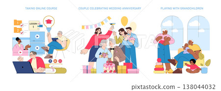 Elderly individuals engage in online learning from home, participating in digital classrooms via laptops. The vector illustration shows active learning and digital interaction among seniors. 138044032