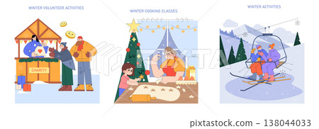 Vector illustration depicting various winter activities. Includes volunteering at a charity booth, engaging in festive cooking classes, and enjoying a ski lift ride. Vibrant and seasonal. Vector illustration depicting various winter activities. Includes volunteering at a charity booth, engaging in festive cooking classes, and enjoying a ski lift ride. Vibrant and seasonal. 138044033
