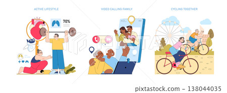Vector illustration of active lifestyles featuring exercise, video calls, and cycling activities. Depicts family interactions through a video call and a couple enjoying a bike ride. Vector illustration of active lifestyles featuring exercise, video calls, and cycling activities. Depicts family interactions through a video call and a couple enjoying a bike ride. 138044035