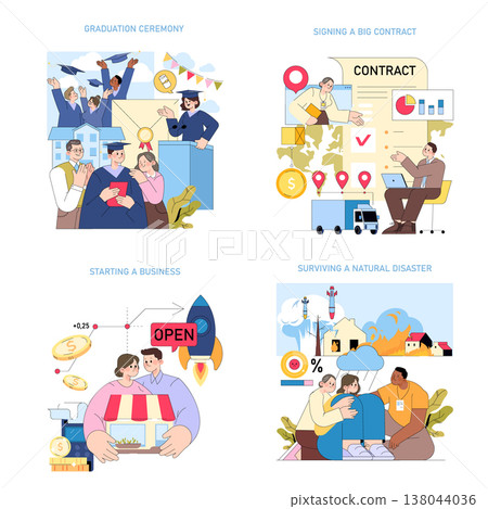 Vector illustration depicting a joyful graduation ceremony. Graduates toss caps while celebrating with family, capturing a moment of pride, achievement, and success in education. Vector illustration depicting a joyful graduation ceremony. Graduates toss caps while celebrating with family, capturing a moment of pride, achievement, and success in education. 138044036