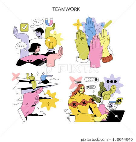 Vector illustration showcases various teamwork activities. Depicts creative collaboration, problem-solving, and communication among stylized figures, emphasizing the importance of working together. Vector illustration showcases various teamwork activities. Depicts creative collaboration, problem-solving, and communication among stylized figures, emphasizing the importance of working together. 138044040