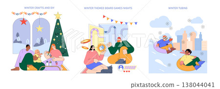 Engaging winter vector illustration set depicting family crafting, friends enjoying board games, and exciting tubing. Perfect for illustrating seasonal activities and joyful moments. Engaging winter vector illustration set depicting family crafting, friends enjoying board games, and exciting tubing. Perfect for illustrating seasonal activities and joyful moments. 138044041