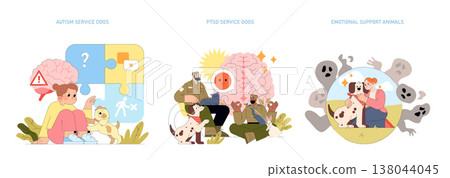 Vector illustration featuring service dogs in various support roles, assisting people with autism, PTSD, and emotional needs. Depicts individuals interacting with supportive animals. Vector illustration featuring service dogs in various support roles, assisting people with autism, PTSD, and emotional needs. Depicts individuals interacting with supportive animals. 138044045