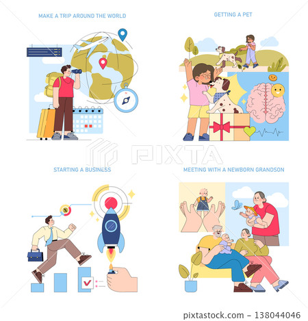 Colorful vector illustration depicting various life experiences such as world travel, adopting a pet, launching a business, and family gatherings. Highlights diverse human emotions and interactions. 138044046