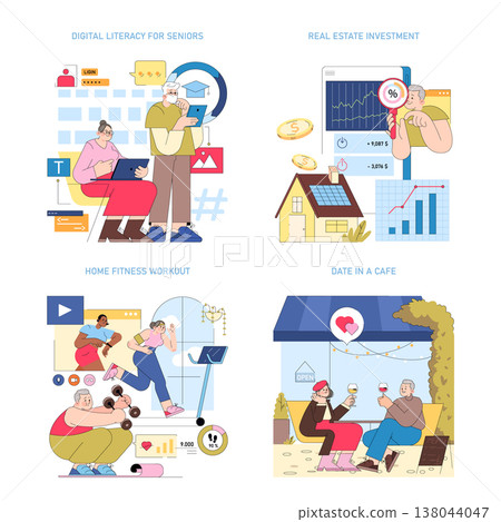 Set of vector illustrations depicting various lifestyle themes. Features digital literacy for seniors using devices, real estate investment analysis, home fitness workout, and a friendly cafe date Set of vector illustrations depicting various lifestyle themes. Features digital literacy for seniors using devices, real estate investment analysis, home fitness workout, and a friendly cafe date 138044047