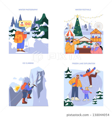 Vector illustrations showing various winter activities. Includes a photographer in snow, ice climbing on a cliff, enjoying a winter festival, and a family exploring a frozen lake. Vector illustrations showing various winter activities. Includes a photographer in snow, ice climbing on a cliff, enjoying a winter festival, and a family exploring a frozen lake. 138044054