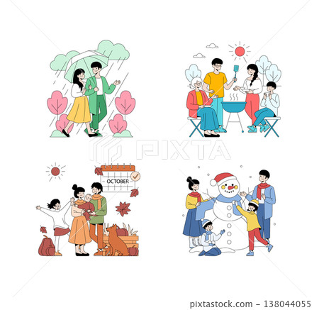 Illustration depicting family activities across different seasons. Includes walking in the rain, barbecuing, autumn fun, and building a snowman. Highlights joyful family moments and seasonal enjoyment 138044055