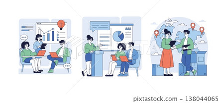 Business team engaged in data analysis and strategy planning vector illustration. Includes professionals discussing graphs, making presentations, and working on global logistics. Business team engaged in data analysis and strategy planning vector illustration. Includes professionals discussing graphs, making presentations, and working on global logistics. 138044065