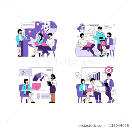 Vector illustration set showcasing diverse business teams in collaborative settings. Features include global strategy discussions, performance analysis, and goal setting in modern business Vector illustration set showcasing diverse business teams in collaborative settings. Features include global strategy discussions, performance analysis, and goal setting in modern business 138044066