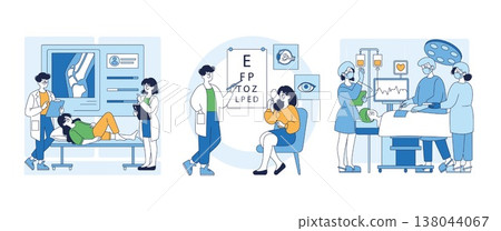 Healthcare professionals conducting checkups and procedures in a series of scenes. Includes a doctor with a patient, a vision test, and a surgical operation, showcasing diverse medical practices. Healthcare professionals conducting checkups and procedures in a series of scenes. Includes a doctor with a patient, a vision test, and a surgical operation, showcasing diverse medical practices. 138044067