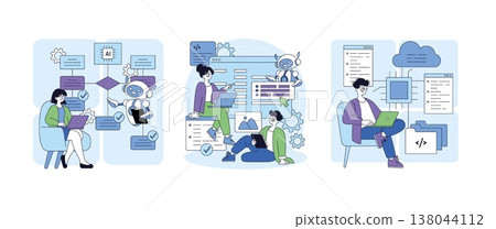 Vector illustration showing a team working with AI-driven tools. They engage in coding, planning, and data analysis, emphasizing technology integration and collaborative workflow. 138044112