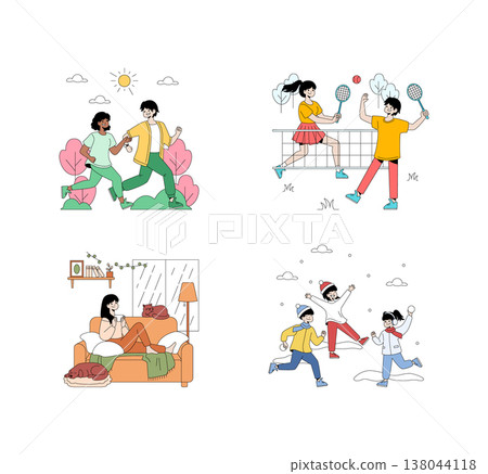 Colorful vector illustration featuring people engaged in different activities. Running, playing badminton, relaxing, and having a snowball fight showcase diverse lifestyles and emotions. Colorful vector illustration featuring people engaged in different activities. Running, playing badminton, relaxing, and having a snowball fight showcase diverse lifestyles and emotions. 138044118