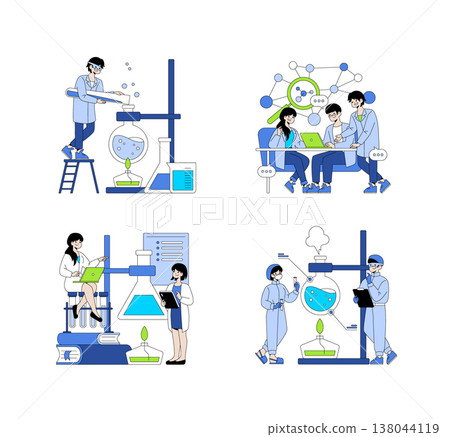 Vector illustration shows a scientific research team conducting experiments in a lab. Researchers collaborate using technology and equipment, highlighting teamwork and innovation. Vector illustration shows a scientific research team conducting experiments in a lab. Researchers collaborate using technology and equipment, highlighting teamwork and innovation. 138044119