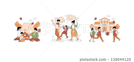 Vector illustration of a family enjoying autumn activities. Scenes include camping in a forest, dancing in the rain, and children walking to school. Leaves and cheerful expressions capture the season Vector illustration of a family enjoying autumn activities. Scenes include camping in a forest, dancing in the rain, and children walking to school. Leaves and cheerful expressions capture the season 138044120
