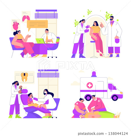 Vector illustration showing doctor consults patient, medical team administers vaccine, dentist examines child, and paramedics provide emergency care near ambulance. Vector illustration showing doctor consults patient, medical team administers vaccine, dentist examines child, and paramedics provide emergency care near ambulance. 138044124