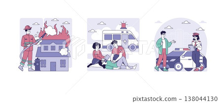 Vector illustration showing three emergency scenarios. A firefighter battles a blaze, medics assist an injured person, and a police officer communicates with a civilian near a patrol car. 138044130