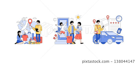 Vector illustration depicting a family excitedly planning a travel adventure. They prepare luggage and explore routes, highlighting the joy and anticipation of exploring new destinations. 138044147