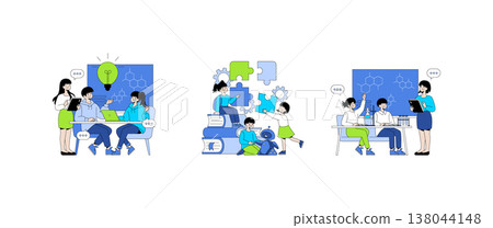 Vector illustration of a team engaged in brainstorming, problem-solving, and scientific experiments. Group collaboration with educational tools and teamwork highlighted. 138044148